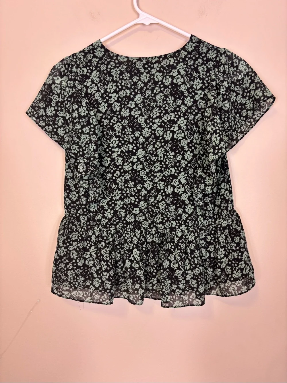 Madewell Black V-Neck Peplum Top with Mint Floral Print Blouse XS